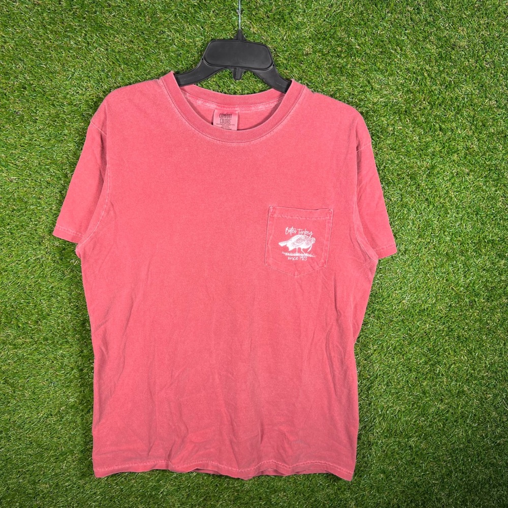 Comfort‎ Colors Bates Turkey Farm Graphic Pocket T-Shirt Mens Medium Faded Red